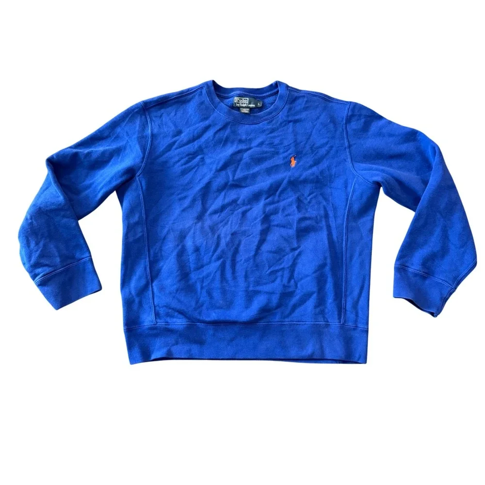 Polo Ralph Lauren Mens Royal Blue Crewneck Sweatshirt Orange Pony Logo Large